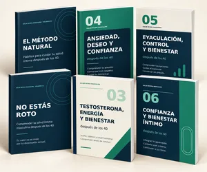 Mockup de los seis volúmenes de Bienestar Íntimo Masculino 40+